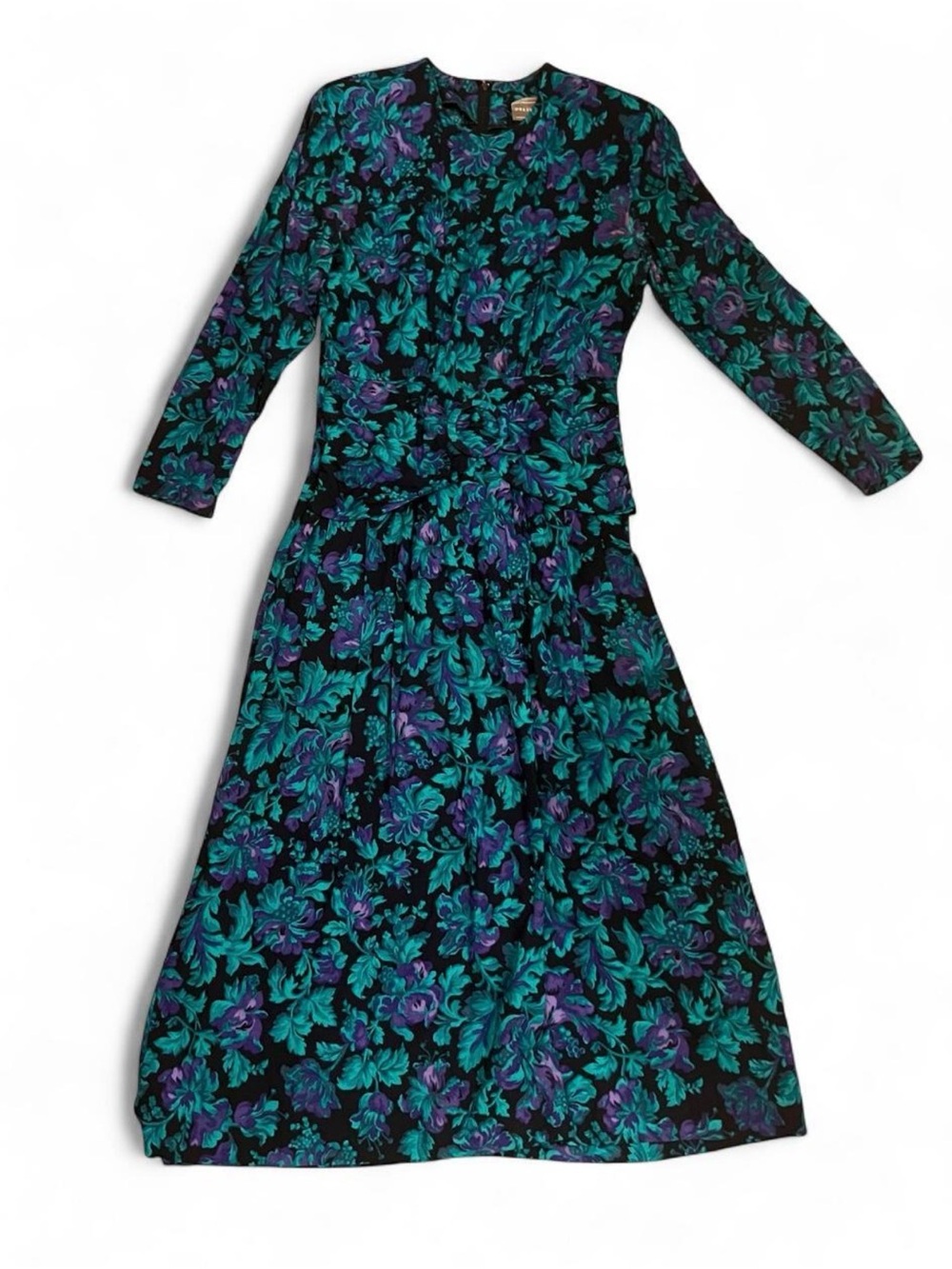 Vintage 80s Floral Dressing Room Long-Sleeve Maxi Dress in Teal & Purple Sz 4-6